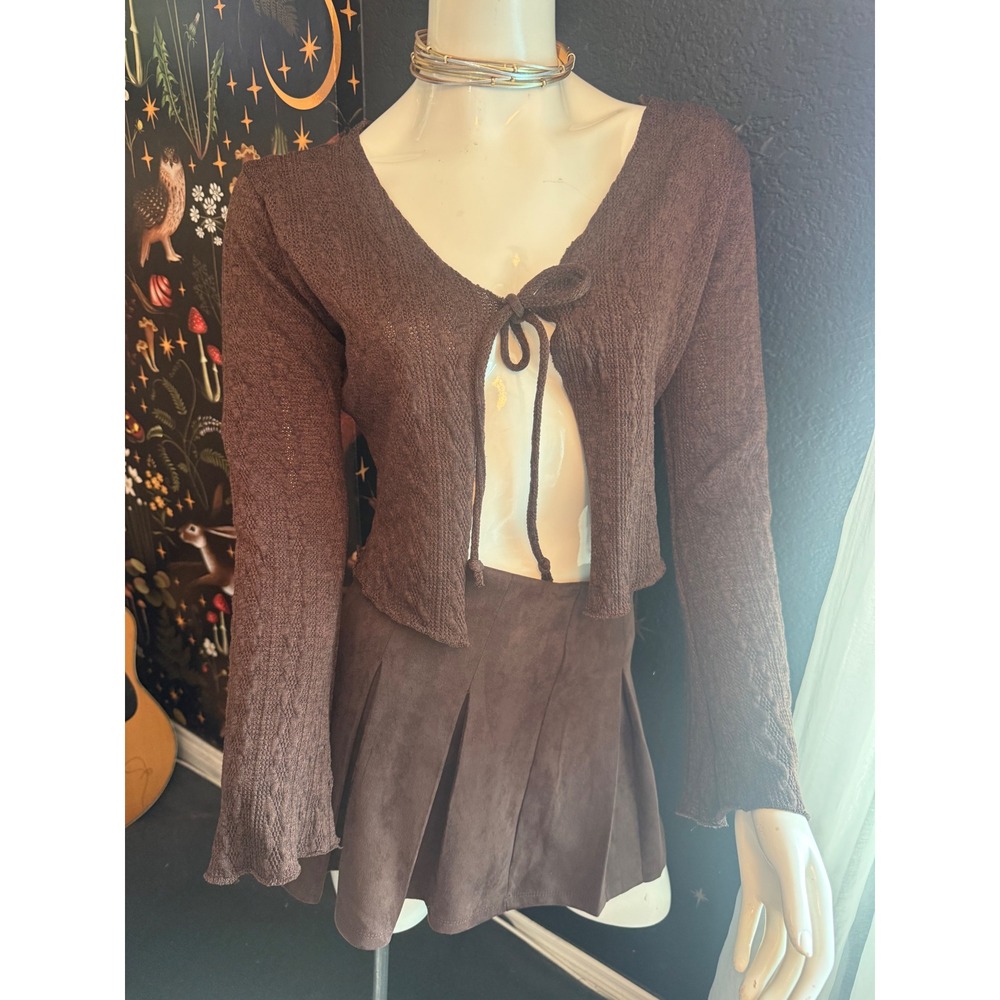 Good Days Project Brown Pointelle Knit Tie Front Cropped Cardigan Bell Sleeve XL
